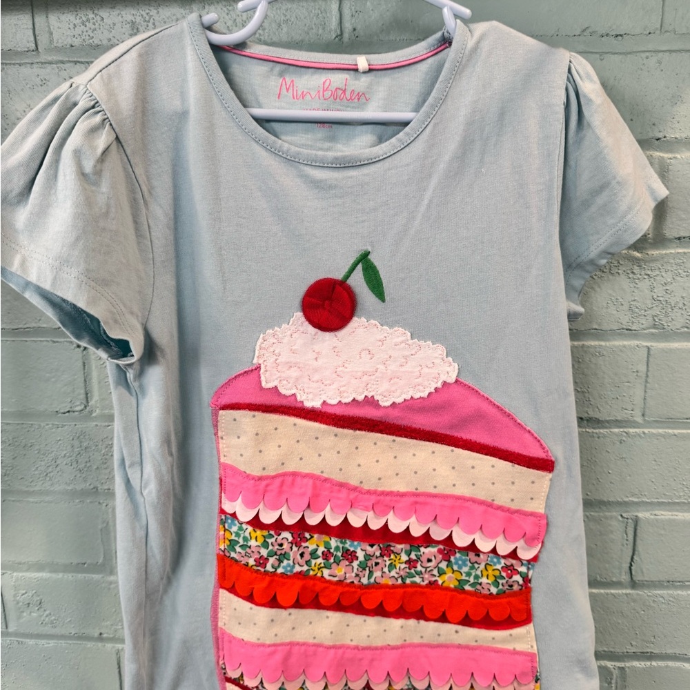 Mini Boden Sky Blue Tee with Cake Applique